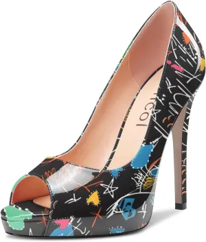 Aachcol Women Platform Stiletto High Heel Pumps Slip-on Peep Open Toe Dress Shoes Office Party Wedding Patent 5 Inch