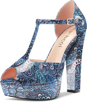 Aachcol Women Platform T-strap Chunky Block High Heel Sandals Round Peep Open Toe Ankle Strap Two-Piece Dress Shoes Pumps Party Wedding Patent 5 Inch