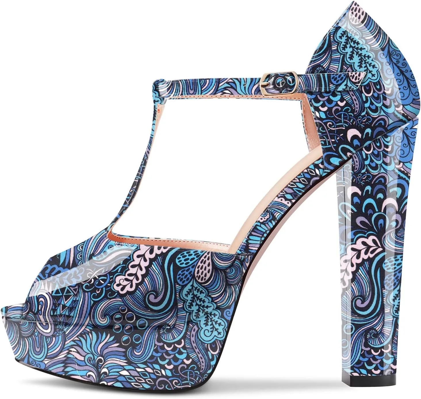 Aachcol Women Platform T-strap Chunky Block High Heel Sandals Round Peep Open Toe Ankle Strap Two-Piece Dress Shoes Pumps Party Wedding Patent 5 Inch