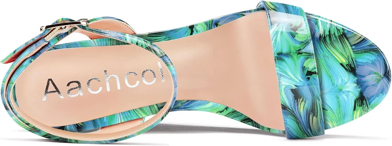 Aachcol Women Platform Wedge Sandals Round Peep Open Toe Ankle Strap Slingback Two-Piece Chunky Block High Heel Dress Shoes Pumps Party Patent 4 Inch
