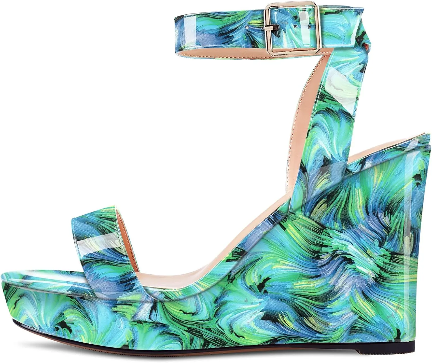 Aachcol Women Platform Wedge Sandals Round Peep Open Toe Ankle Strap Slingback Two-Piece Chunky Block High Heel Dress Shoes Pumps Party Patent 4 Inch