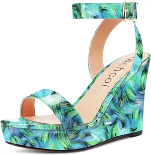 Aachcol Women Platform Wedge Sandals Round Peep Open Toe Ankle Strap Slingback Two-Piece Chunky Block High Heel Dress Shoes Pumps Party Patent 4 Inch