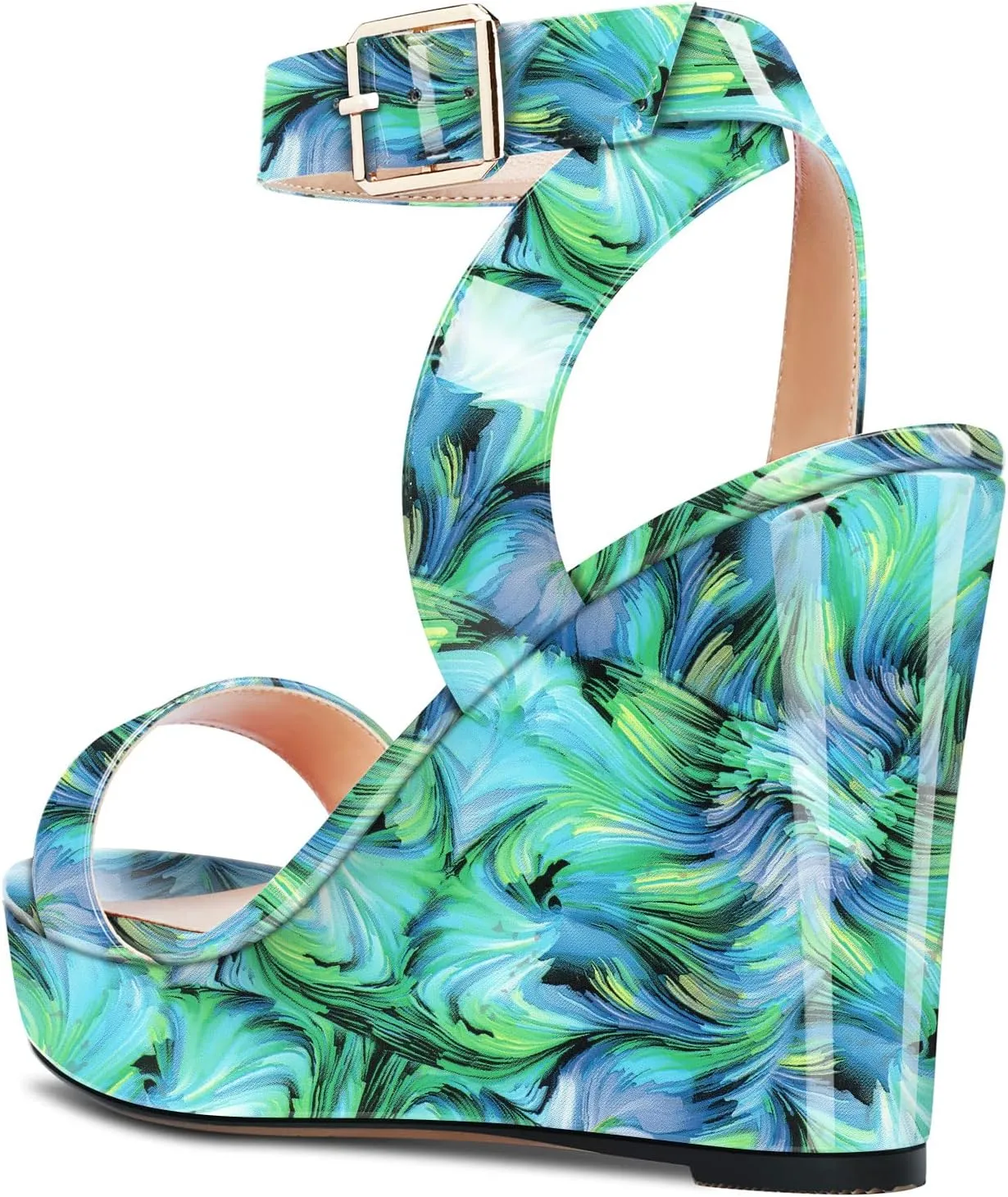 Aachcol Women Platform Wedge Sandals Round Peep Open Toe Ankle Strap Slingback Two-Piece Chunky Block High Heel Dress Shoes Pumps Party Patent 4 Inch