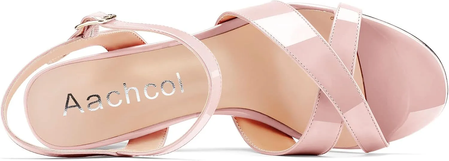 Aachcol Women Sandals Cross Peep Open Toe Ankle Strap Slingback Chunky Block High Heel Dress Shoes Patent Classic Wedding 3 Inch