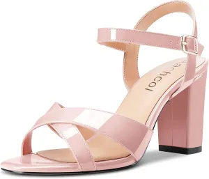Aachcol Women Sandals Cross Peep Open Toe Ankle Strap Slingback Chunky Block High Heel Dress Shoes Patent Classic Wedding 3 Inch