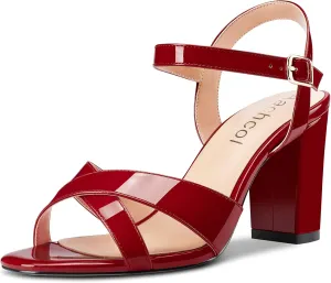 Aachcol Women Sandals Cross Peep Open Toe Ankle Strap Slingback Chunky Block High Heel Dress Shoes Patent Classic Wedding 3 Inch