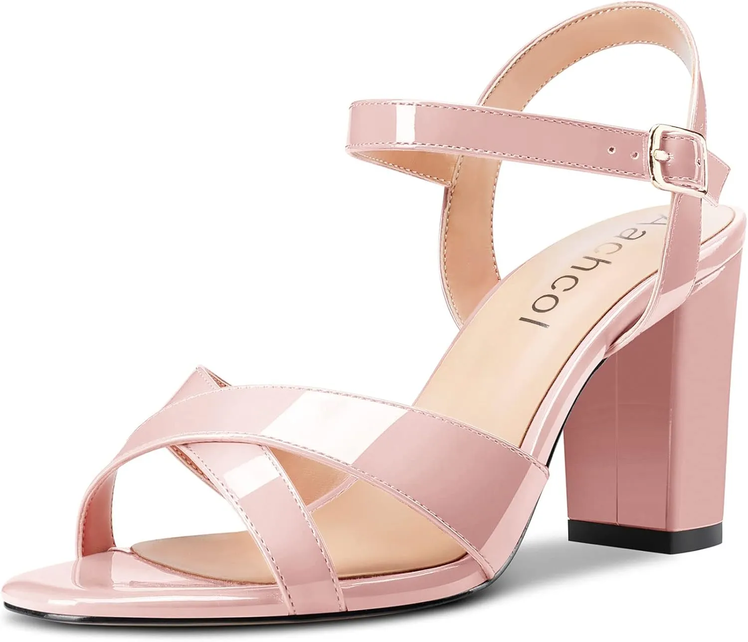 Aachcol Women Sandals Cross Peep Open Toe Ankle Strap Slingback Chunky Block High Heel Dress Shoes Patent Classic Wedding 3 Inch