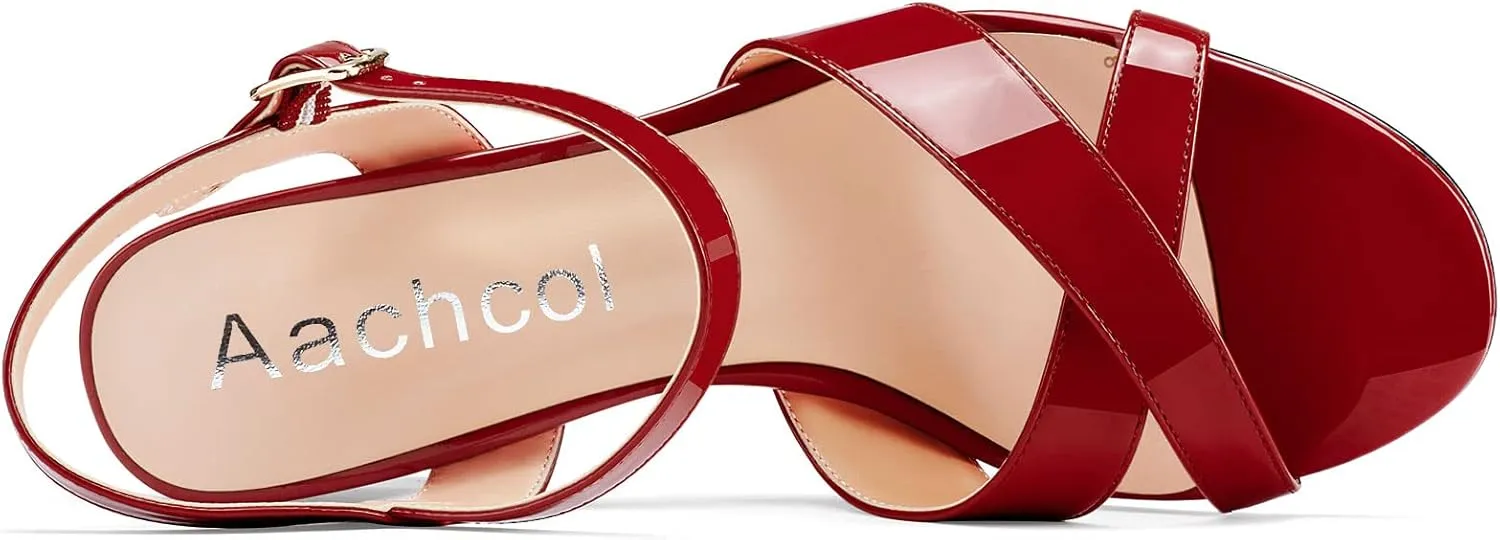Aachcol Women Sandals Cross Peep Open Toe Ankle Strap Slingback Chunky Block High Heel Dress Shoes Patent Classic Wedding 3 Inch