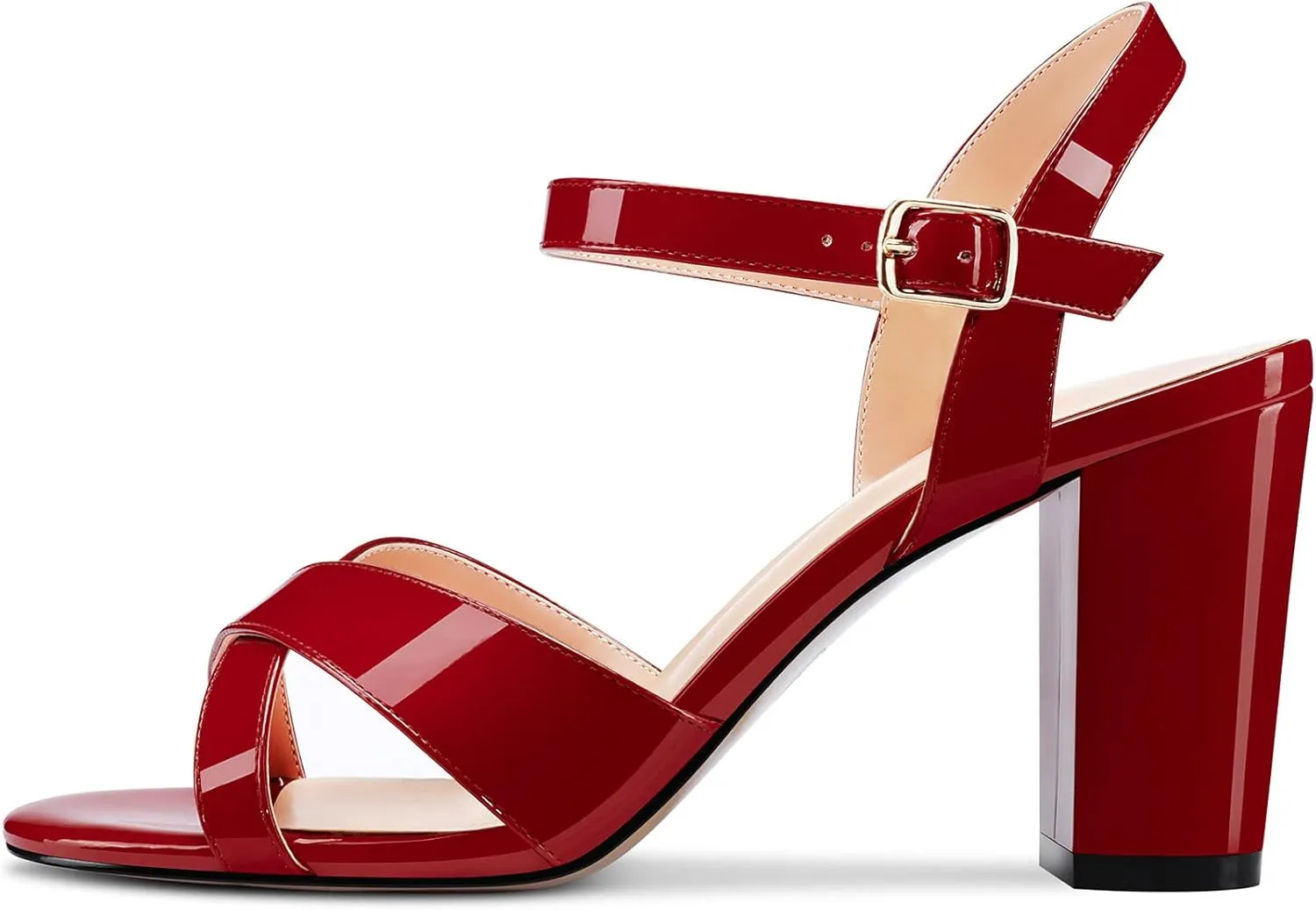Aachcol Women Sandals Cross Peep Open Toe Ankle Strap Slingback Chunky Block High Heel Dress Shoes Patent Classic Wedding 3 Inch
