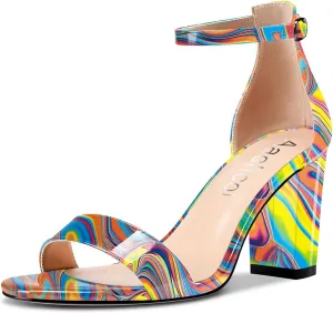 Aachcol Women Sandals Peep Open Toe Ankle Strap Chunky Block Mid Heel Shoes Party 3.5 Inch