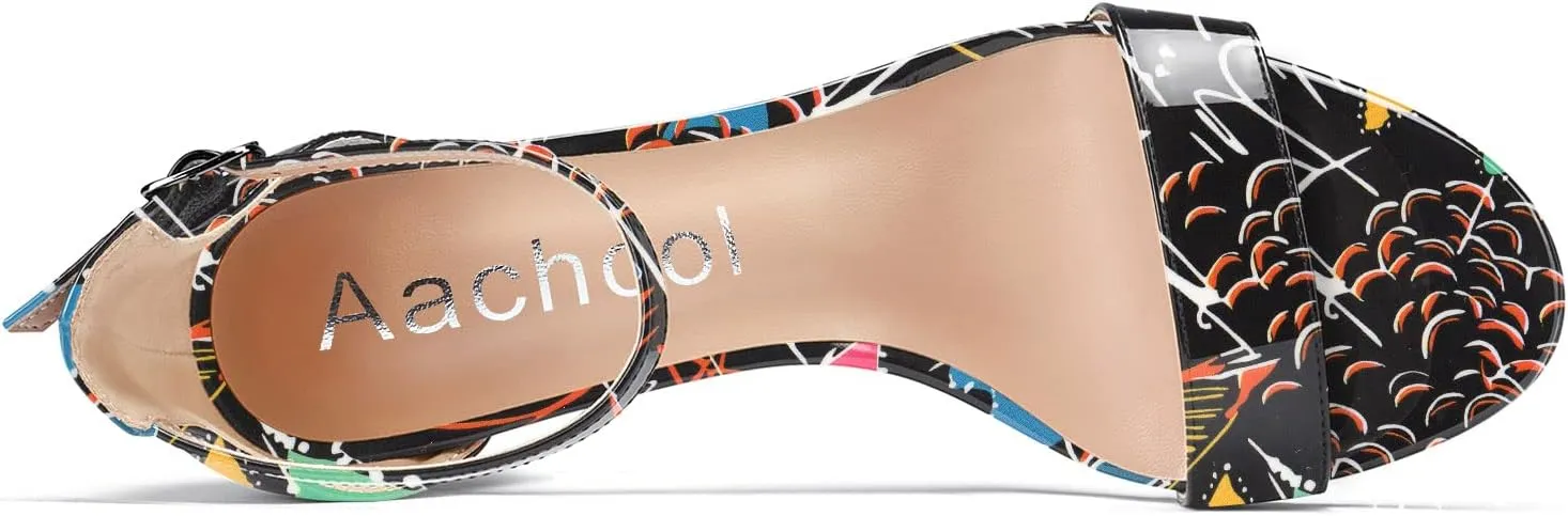 Aachcol Women Sandals Peep Open Toe Ankle Strap Chunky Block Mid Heel Shoes Party 3.5 Inch