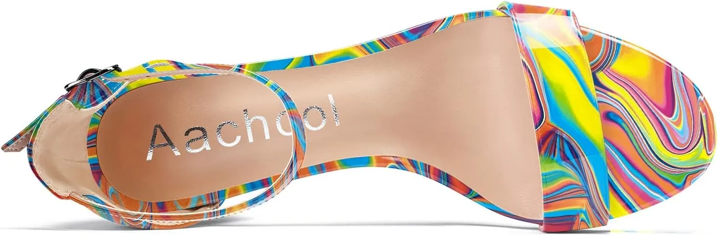 Aachcol Women Sandals Peep Open Toe Ankle Strap Chunky Block Mid Heel Shoes Party 3.5 Inch