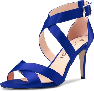 Aachcol Women Sandals Peep Open Toe Ankle Strap Stiletto High Heel Dress Shoes Pumps Office Wedding Satin 3 Inch