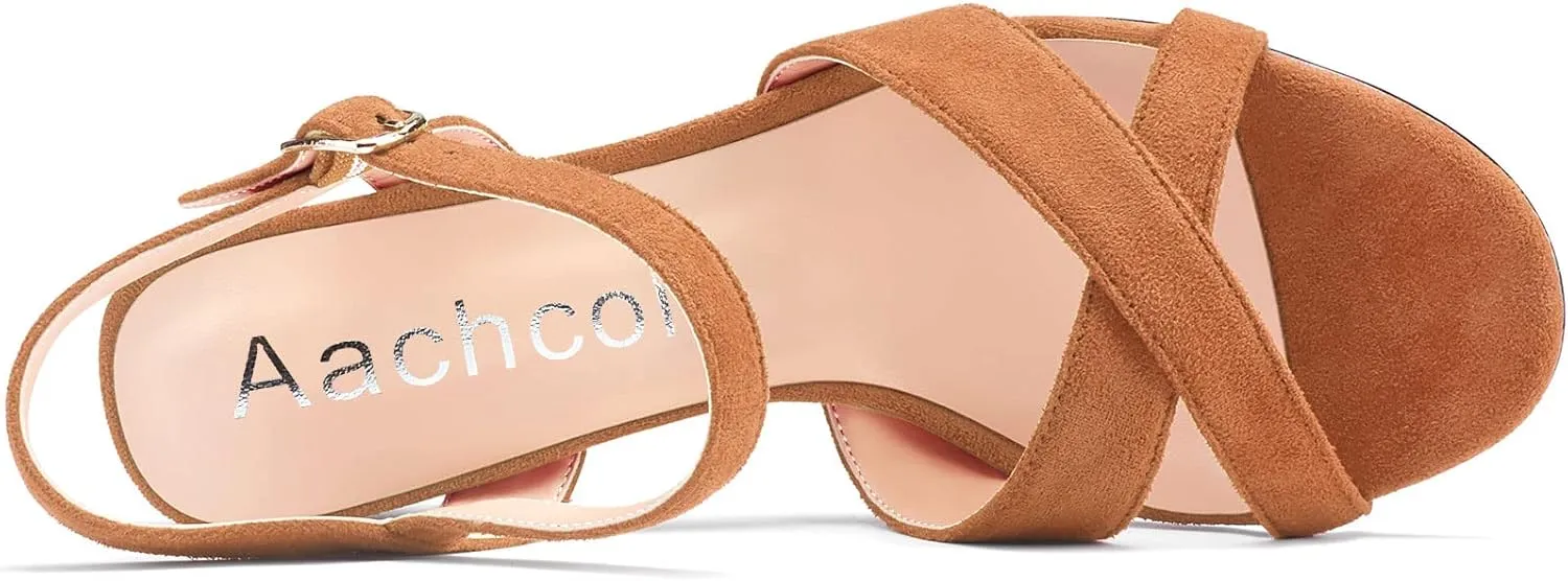 Aachcol Women Sandals Platform Wedge Peep Open Toe Ankle Strap Slingback Chunky Block High Heel Dress Shoes Suede 4 Inch
