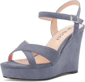 Aachcol Women Sandals Platform Wedge Peep Open Toe Ankle Strap Slingback Chunky Block High Heel Dress Shoes Suede 4 Inch