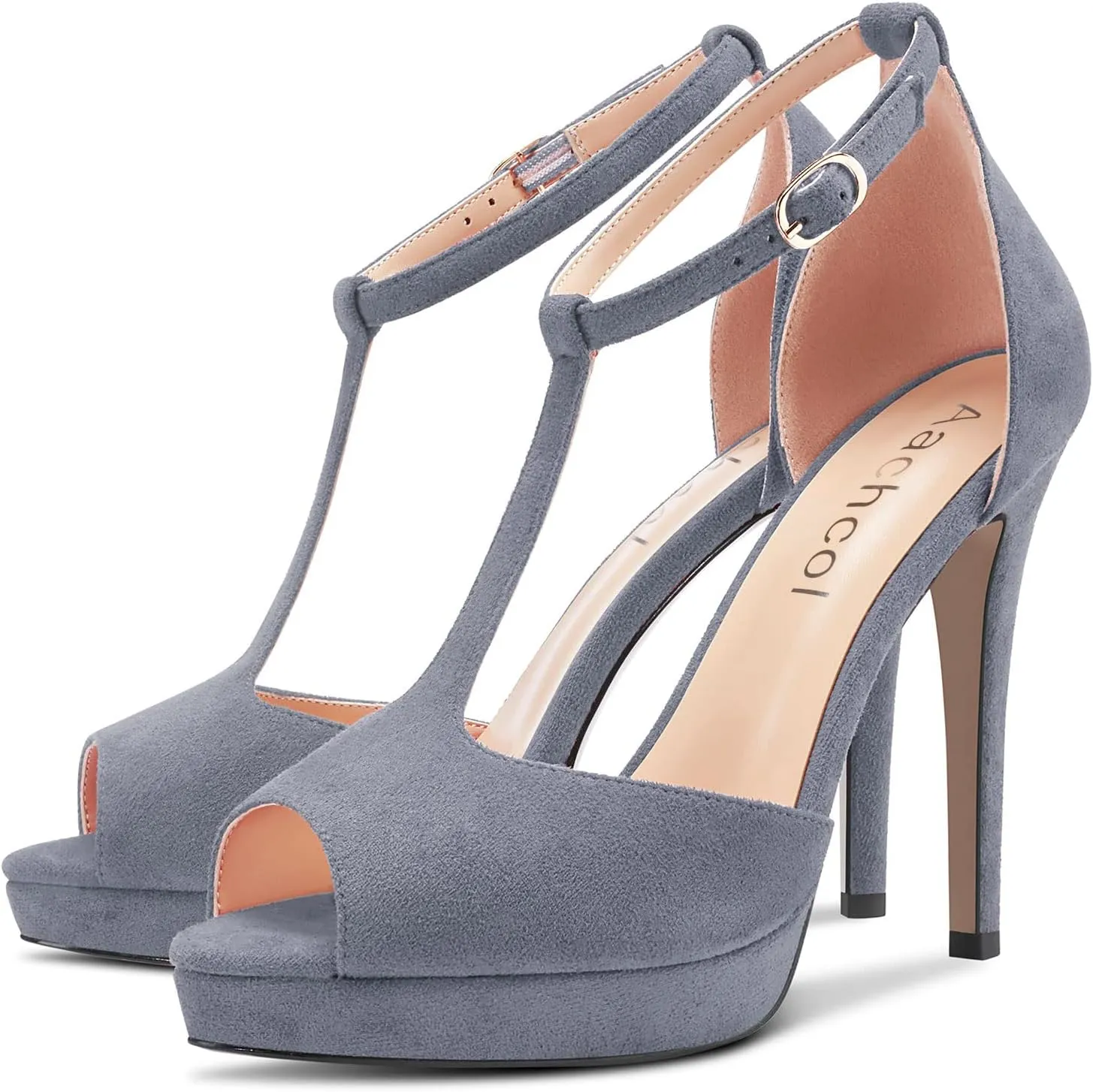 Aachcol Women Sandals T-strap Platform Peep Open Toe Ankle Strap Stiletto High Heel Dress Shoes Pumps Wedding Suede 5 Inch