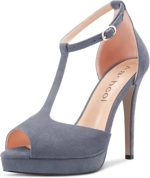 Aachcol Women Sandals T-strap Platform Peep Open Toe Ankle Strap Stiletto High Heel Dress Shoes Pumps Wedding Suede 5 Inch