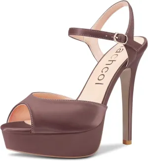 Aachcol Women Stiletto High Heel Platform Sandals Peep Open Toe Ankle Strap Slingback Dress Shoes Wedding Party 5 Inches