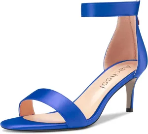 Aachcol Women Stiletto Mid Heel Sandals Ankle Strap Peep Open Toe Dress Shoes Party Wedding Satin 2.5 Inch