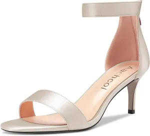 Aachcol Women Stiletto Mid Heel Sandals Ankle Strap Peep Open Toe Dress Shoes Party Wedding Satin 2.5 Inch