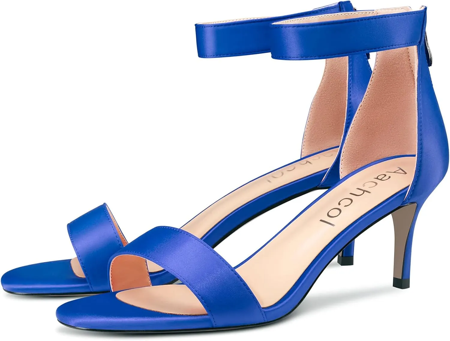 Aachcol Women Stiletto Mid Heel Sandals Ankle Strap Peep Open Toe Dress Shoes Party Wedding Satin 2.5 Inch