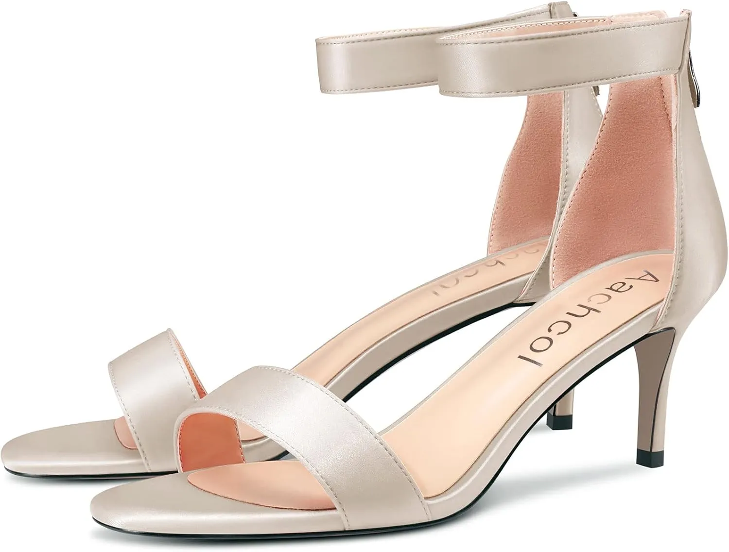 Aachcol Women Stiletto Mid Heel Sandals Ankle Strap Peep Open Toe Dress Shoes Party Wedding Satin 2.5 Inch