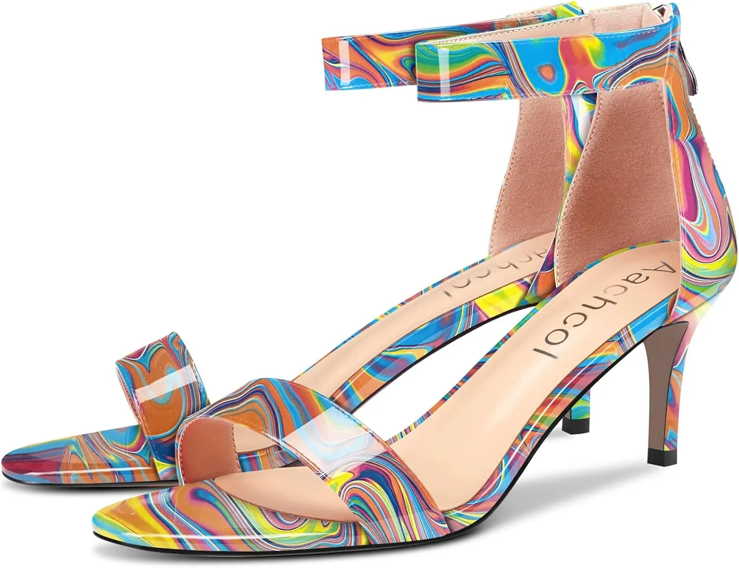 Aachcol Women Stiletto Mid Heel Sandals Ankle Strap Two-Piece Peep Open Toe Dress Shoes Party Wedding Patent 2.5 Inch