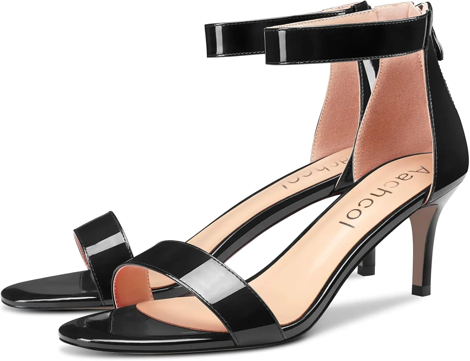 Aachcol Women Stiletto Mid Heel Sandals Ankle Strap Two-Piece Peep Open Toe Dress Shoes Party Wedding Patent 2.5 Inch