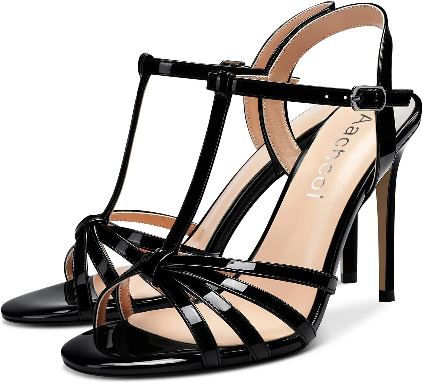 Aachcol Women T-strap Slingback Sandals Stiletto High Heel Peep Open Toe Ankle Strap Shoes 4 Inches