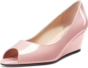 Aachcol Women Wedge Chunky Block Mid Heel Pumps Slip-on Peep Open Toe Dress Shoes Office Party Patent 2 Inch