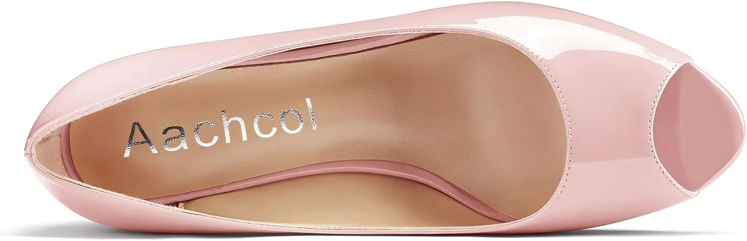 Aachcol Women Wedge Chunky Block Mid Heel Pumps Slip-on Peep Open Toe Dress Shoes Office Party Patent 2 Inch