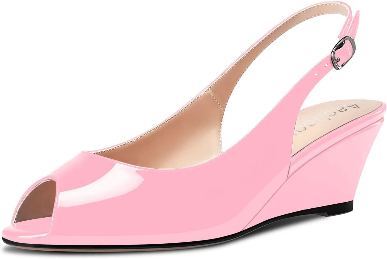 Aachcol Women Wedge Pumps Peep Open Toe Chunky Block Mid Heel Slingback Ankle Strap Sandals Dress Shoes Party 2 Inch