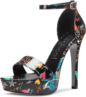 Aachcol Womens Platform Sandals Peep Open Toe Stiletto High Heels Ankle Strap Buckle Sexy Dress Shoes 5.1 Inches Heels
