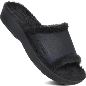 AEROTHOTIC Soft Fuzzy Slippers Outdoor and Indoor with Non-Slip Sole Stylish Straps Comfortable Womens Slippers Open Toe Home Travel Vacation Wear (Aspen Black, Size 11)