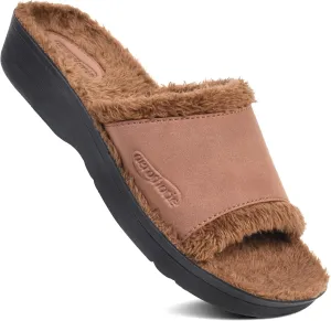 AEROTHOTIC Soft Fuzzy Slippers Outdoor and Indoor with Non-Slip Sole Stylish Straps Comfortable Womens Slippers Open Toe Home Travel Vacation Wear (Aspen Brown, Size 11)