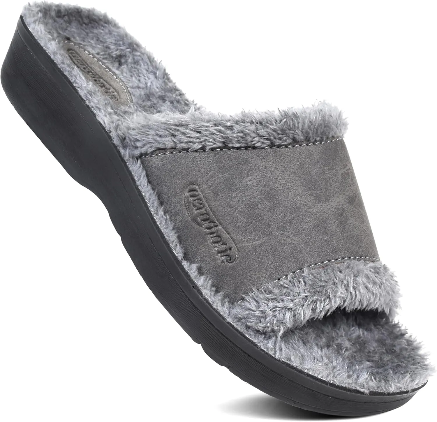 AEROTHOTIC Soft Fuzzy Slippers Outdoor and Indoor with Non-Slip Sole Stylish Straps Comfortable Womens Slippers Open Toe Home Travel Vacation Wear (Aspen Grey, Size 8)