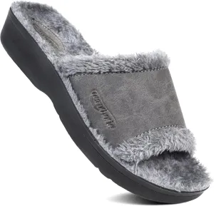 AEROTHOTIC Soft Fuzzy Slippers Outdoor and Indoor with Non-Slip Sole Stylish Straps Comfortable Womens Slippers Open Toe Home Travel Vacation Wear (Aspen Grey, Size 8)