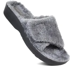 AEROTHOTIC Soft Fuzzy Slippers Outdoor and Indoor with Non-Slip Sole Stylish Straps Comfortable Womens Slippers Open Toe Home Travel Vacation Wear