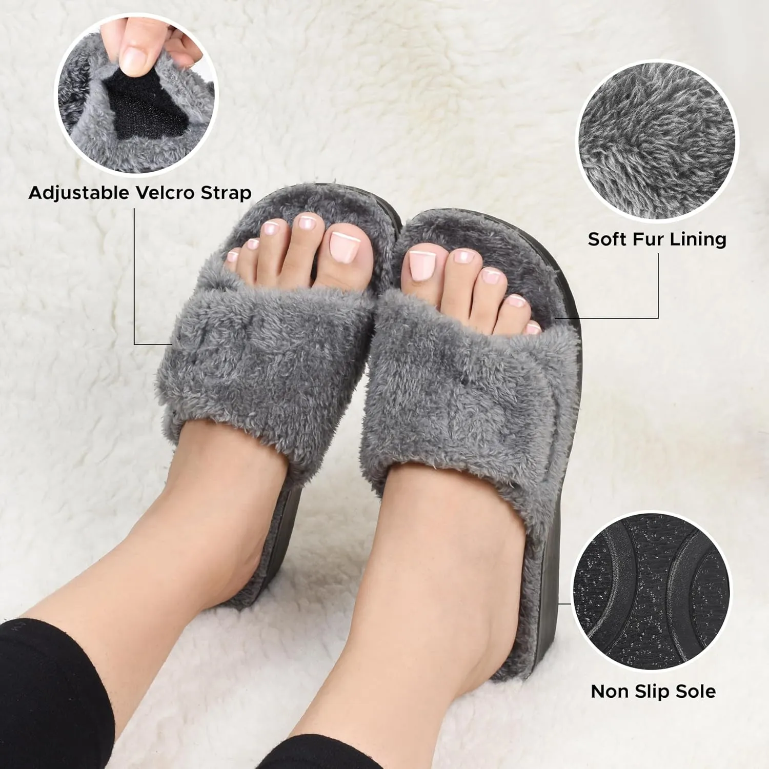 AEROTHOTIC Soft Fuzzy Slippers Outdoor and Indoor with Non-Slip Sole Stylish Straps Comfortable Womens Slippers Open Toe Home Travel Vacation Wear