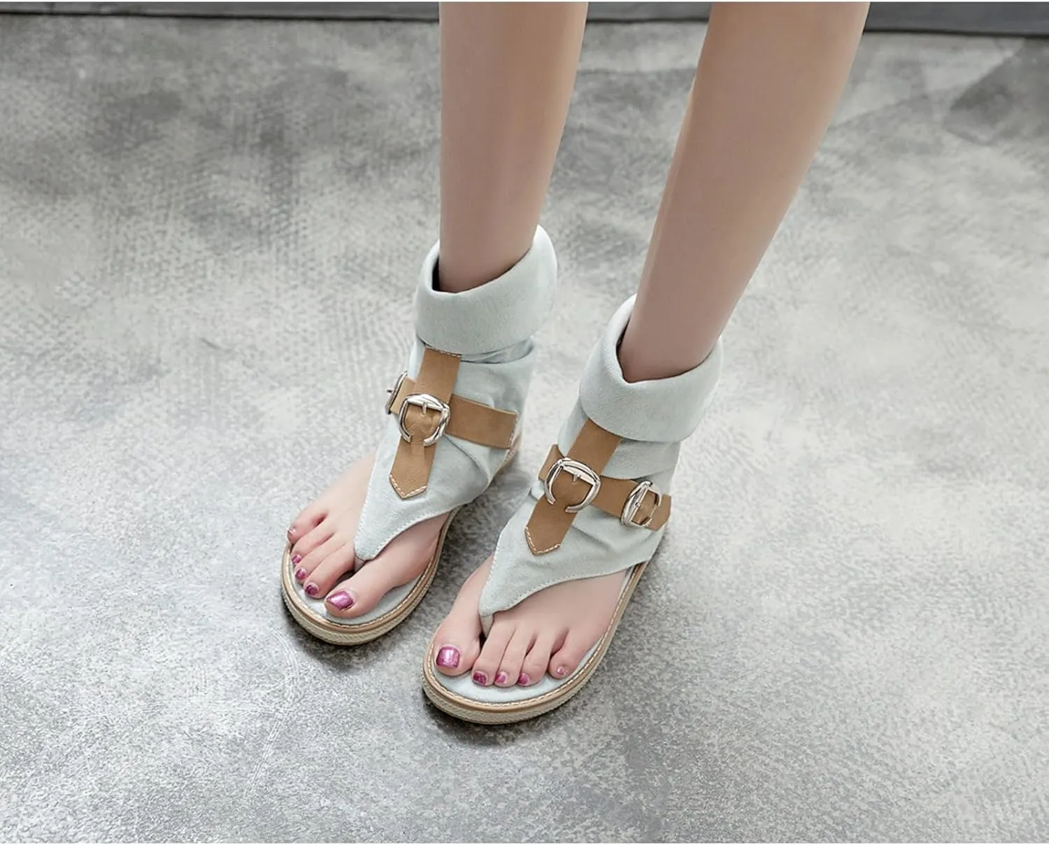 Aflngle Womens Denim Back Zip Flat Open-Toe Sandals Casual High Top T-Strap Clip Toe Short Ankle Boots Summer Thong Flip Flops Gladiator Roman Sandal Mid-Calf Boots