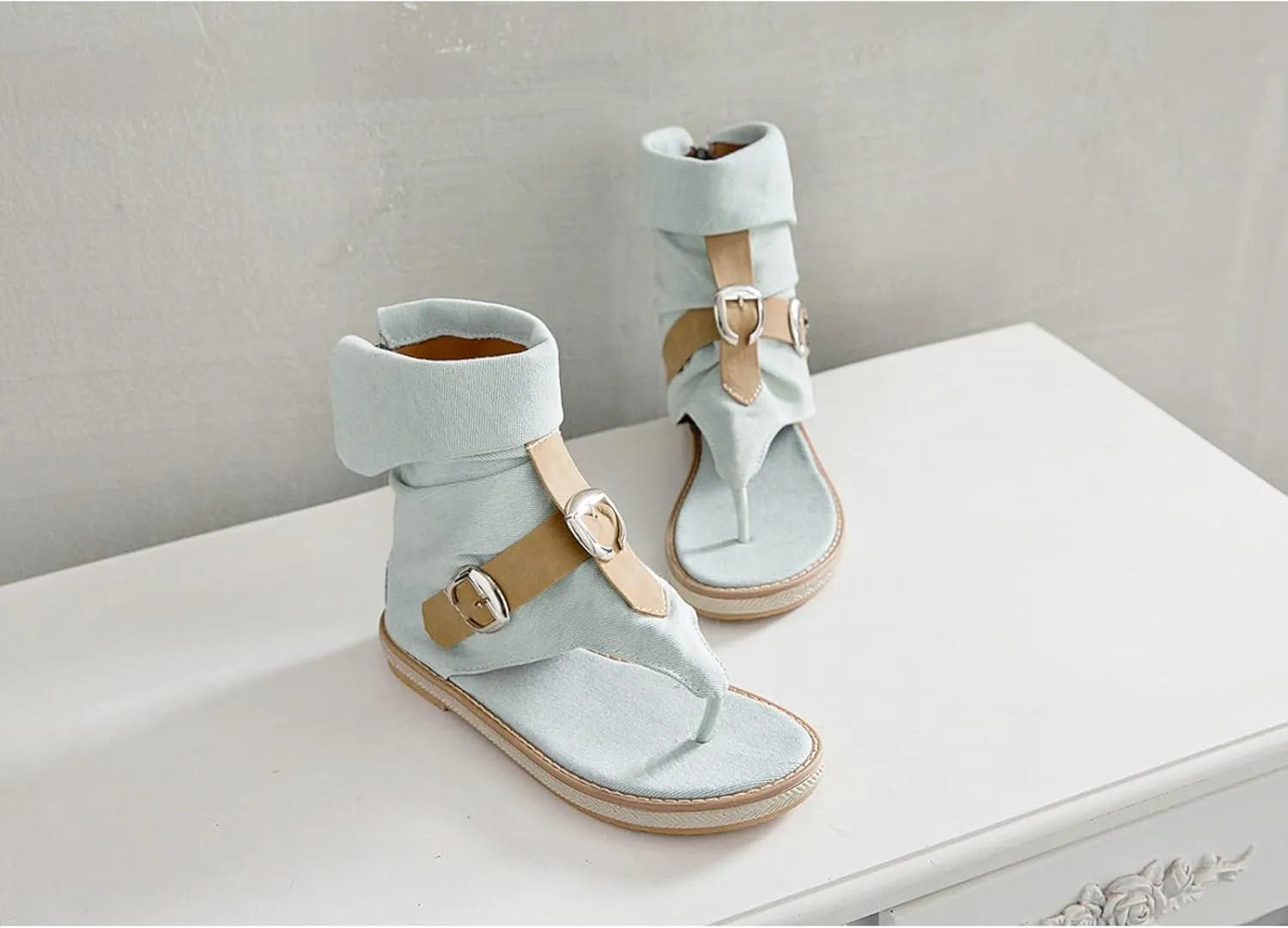Aflngle Womens Denim Back Zip Flat Open-Toe Sandals Casual High Top T-Strap Clip Toe Short Ankle Boots Summer Thong Flip Flops Gladiator Roman Sandal Mid-Calf Boots