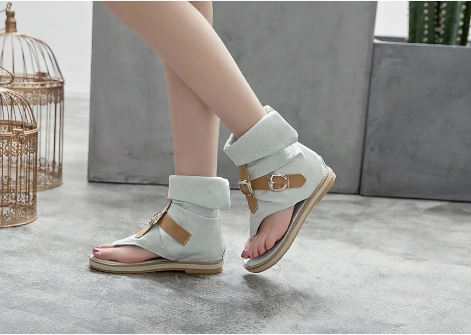 Aflngle Womens Denim Back Zip Flat Open-Toe Sandals Casual High Top T-Strap Clip Toe Short Ankle Boots Summer Thong Flip Flops Gladiator Roman Sandal Mid-Calf Boots