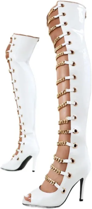 Aflngle Women's Sexy Stiletto High Heels Open Peep Toe Cut Out Metal Chain Tall Sandals Boots Fashion Back Zipper Over The Knee High Long Booties