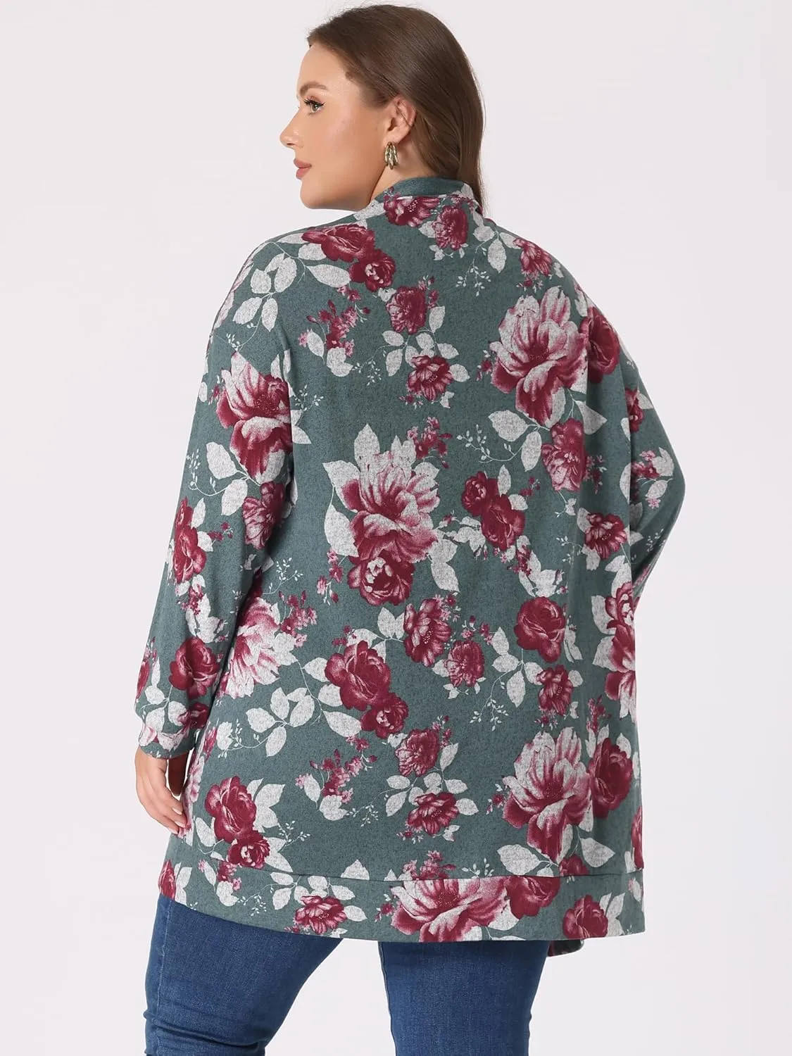 Agnes Orinda Women's Plus Size Lightweight Cardigan Casual Soft Long Sleeve Floral Knit Cardigans with Pockets
