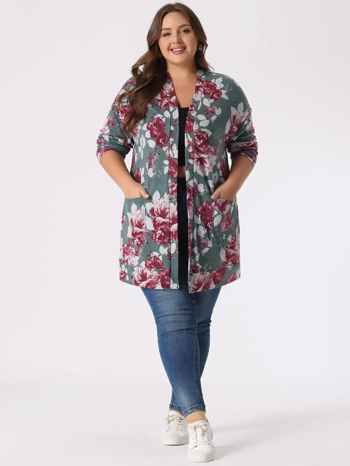 Agnes Orinda Women's Plus Size Lightweight Cardigan Casual Soft Long Sleeve Floral Knit Cardigans with Pockets