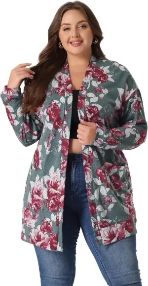 Agnes Orinda Women's Plus Size Lightweight Cardigan Casual Soft Long Sleeve Floral Knit Cardigans with Pockets