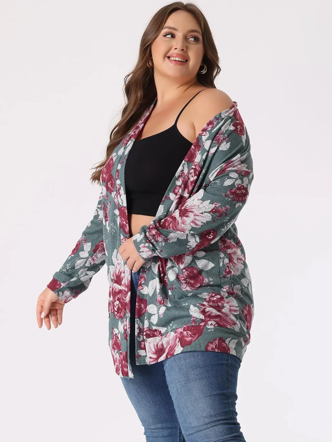 Agnes Orinda Women's Plus Size Lightweight Cardigan Casual Soft Long Sleeve Floral Knit Cardigans with Pockets