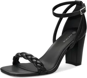 ALICEPUB Women's Braided Heeled Sandals 3 inch Chunky Block Heels Strappy Heels Square Open Toe Heels for Women Wedding Party Dressy