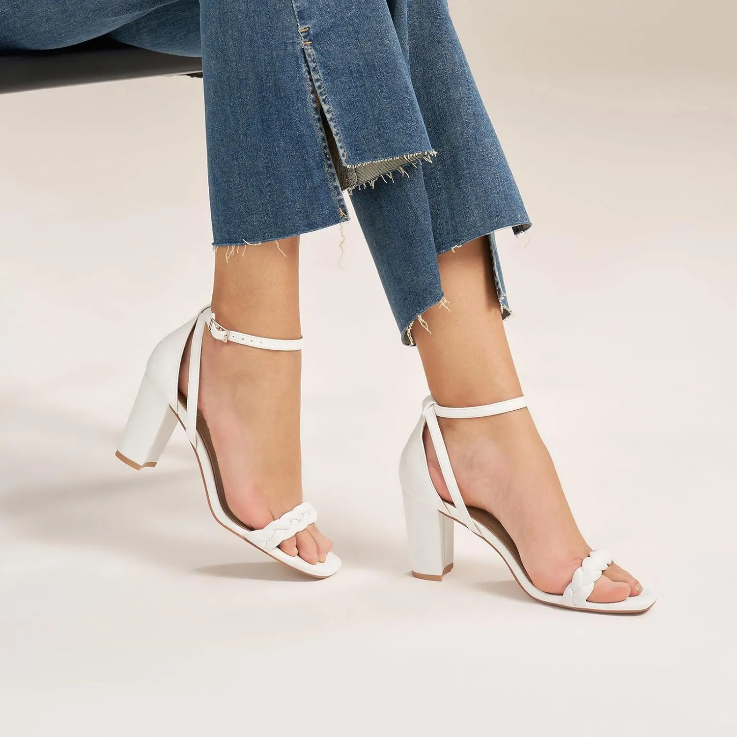 ALICEPUB Women's Braided Heeled Sandals 3 inch Chunky Block Heels Strappy Heels Square Open Toe Heels for Women Wedding Party Dressy