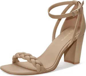 ALICEPUB Women's Braided Heeled Sandals 3 inch Chunky Block Heels Strappy Heels Square Open Toe Heels for Women Wedding Party Dressy